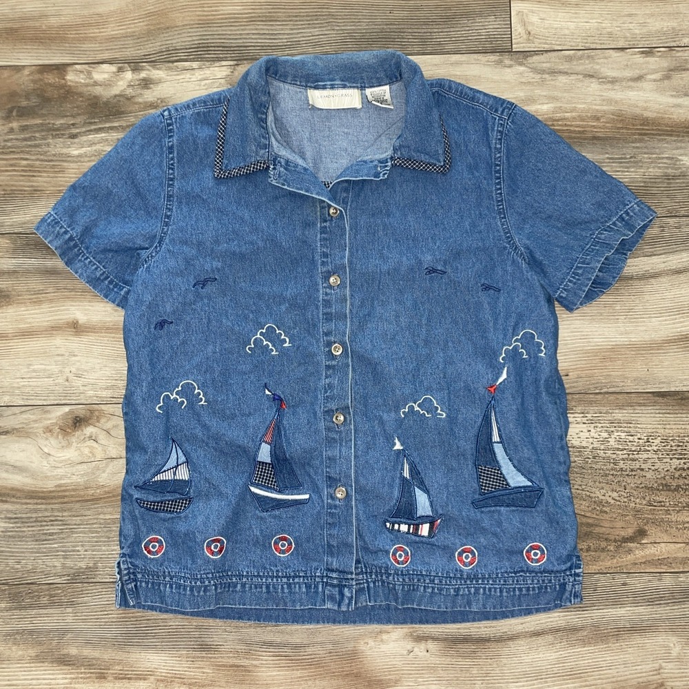 Lemon Grass Studio ladies Sail Boat Top Blue With Vest Underneeth Sz S